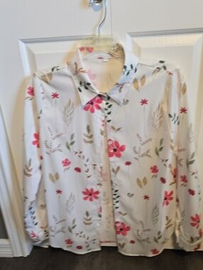 Floral Button-Up Blouse in White with Pink & Green Accents